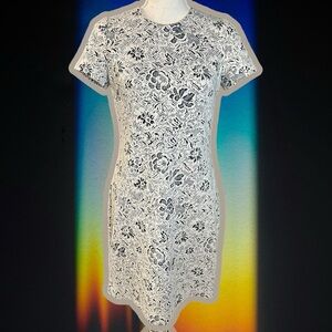 Calvin Klein Black & White Lace Print Jacquard Short Sleeve Dress Size 4